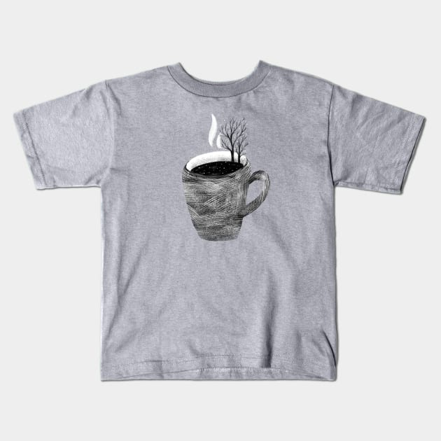 A cup of tea and trees. Winter landscape Kids T-Shirt by Lena Sfinks